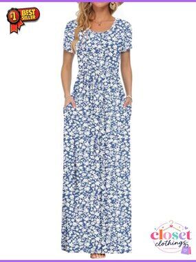 Women's Summer Short Sleeve Maxi Dress with Pockets Casual